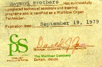 Raymon’s Wurlitzer Master Organ Technician Certification ID 1979